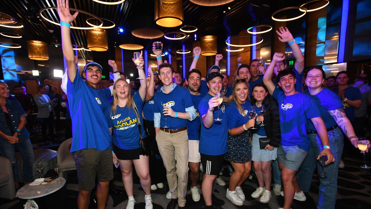 LNP supporters celebrate the election result in Brisbane.