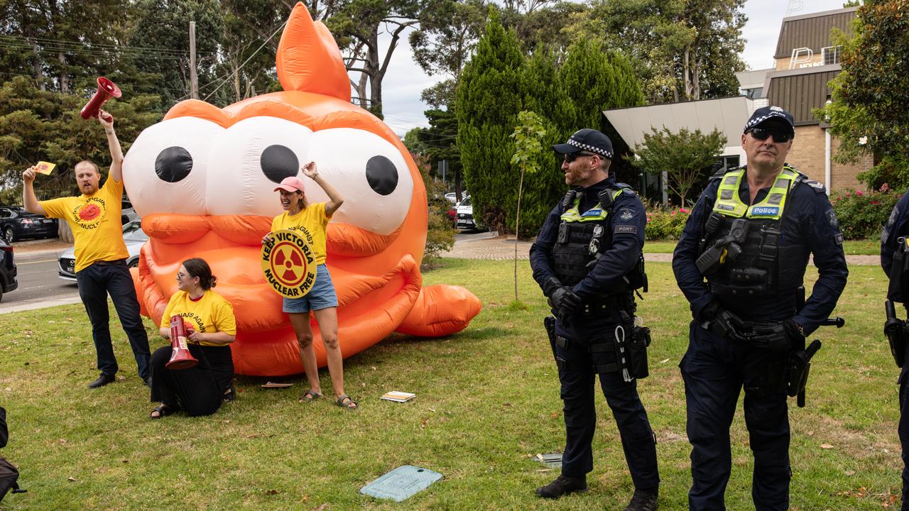 Anti-nuclear protesters outside the Liberal event