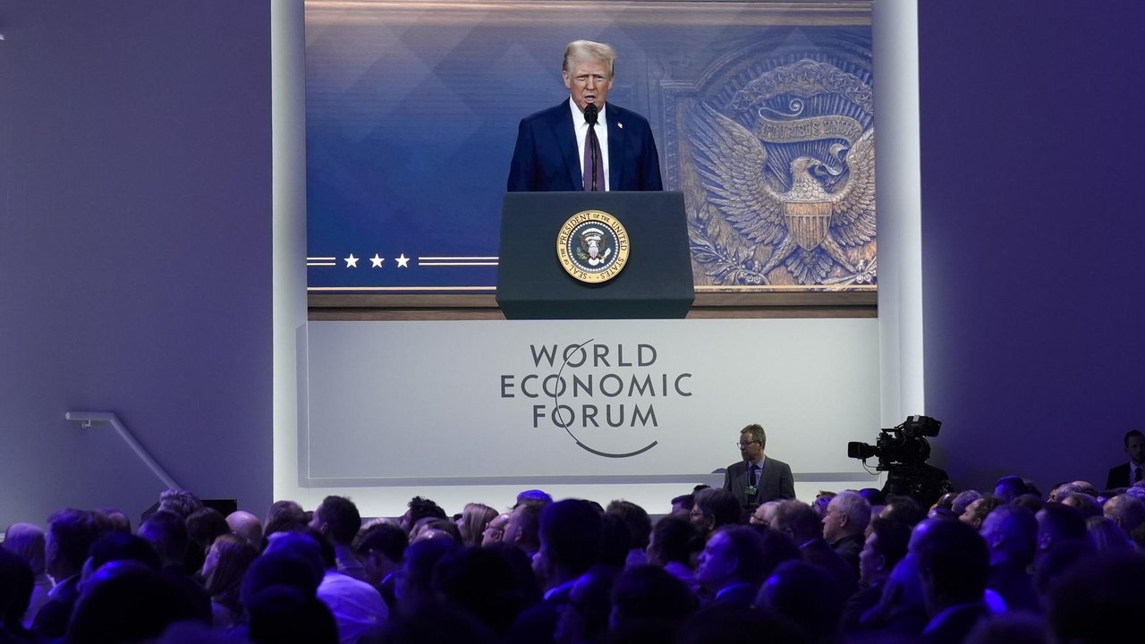 Donald Trump speaks via video conference at Davos