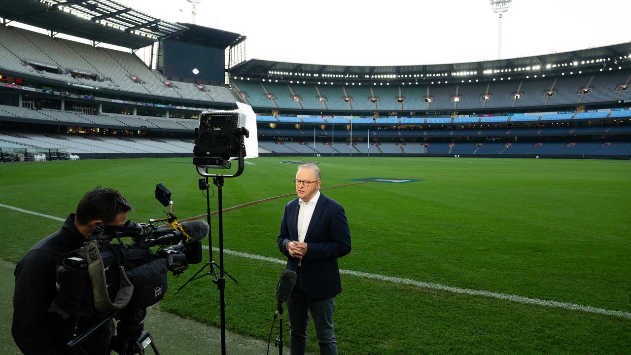 Prime Minister Anthony Albanese interviewed for TV at the MCG