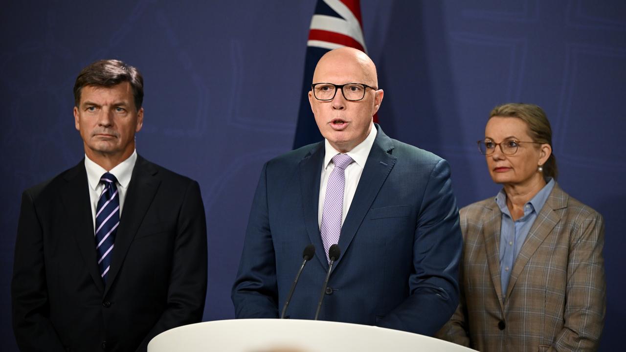 Angus Taylor, Peter Dutton and Sussan Ley at a press conference