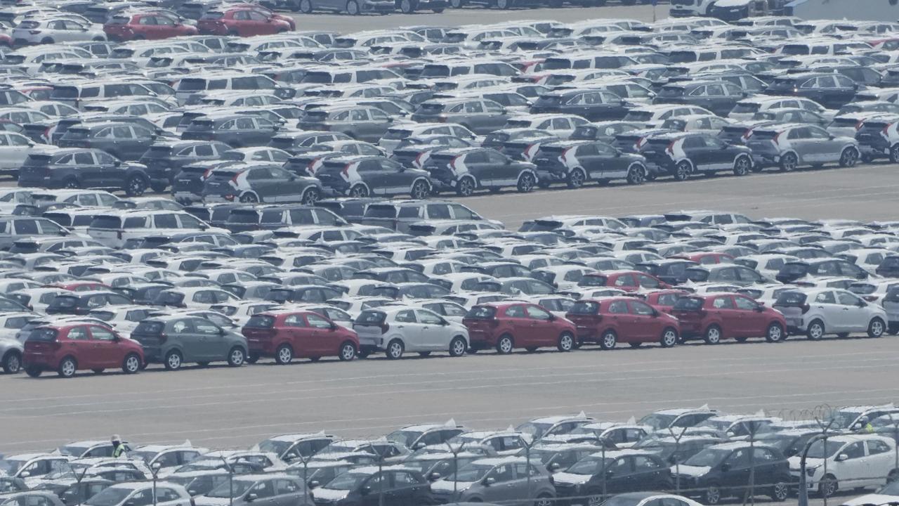 Vehicles for export are parked at a port in Pyeongtaek, South Korea