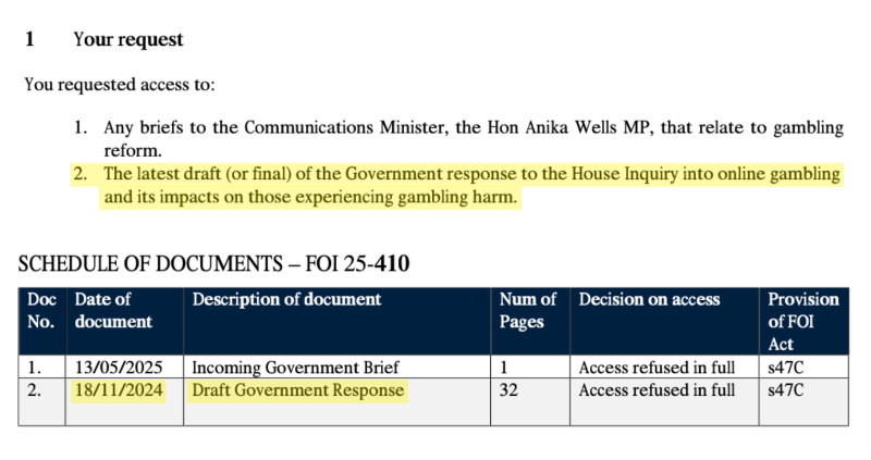 Gambling reform FOI