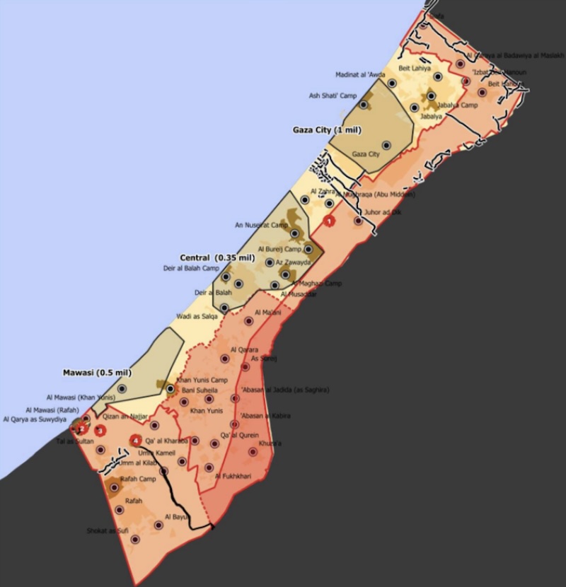 The red circles show the locations of GHF’s 5 sites. The sites are separated from Israeli forces’ designated safe zones for Palestinian civilians in Mawasi, Central Gaza, and Gaza City. Source: Harvard Dataverse; Garb (2025)