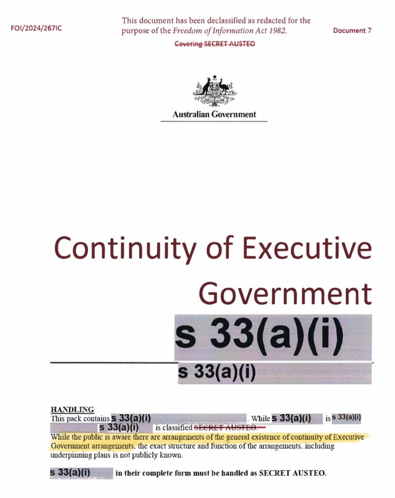 Front Cover of Continuity of Executive Government Plan (Source: FOI)