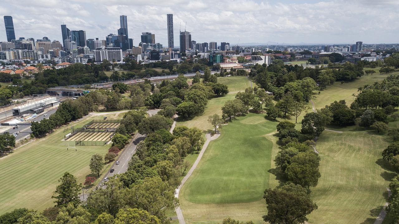 An aerial view of Victoria Park and the Brisbane CBD,