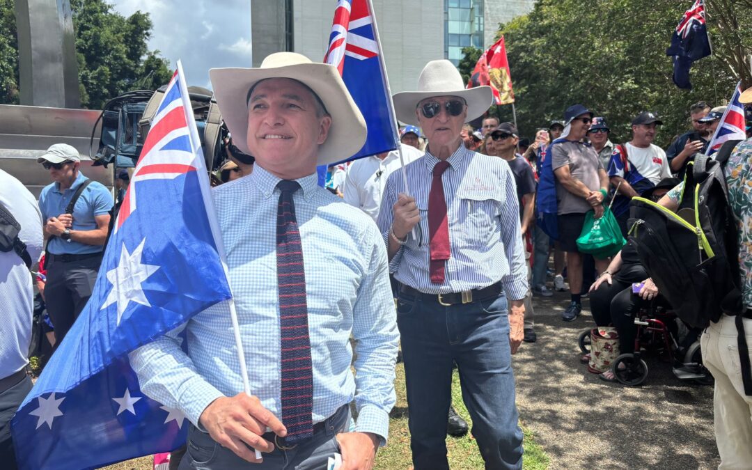 “Marching for Australia”. Bob Katter, poster-boy for “anti-Gazan mob”, and weapons