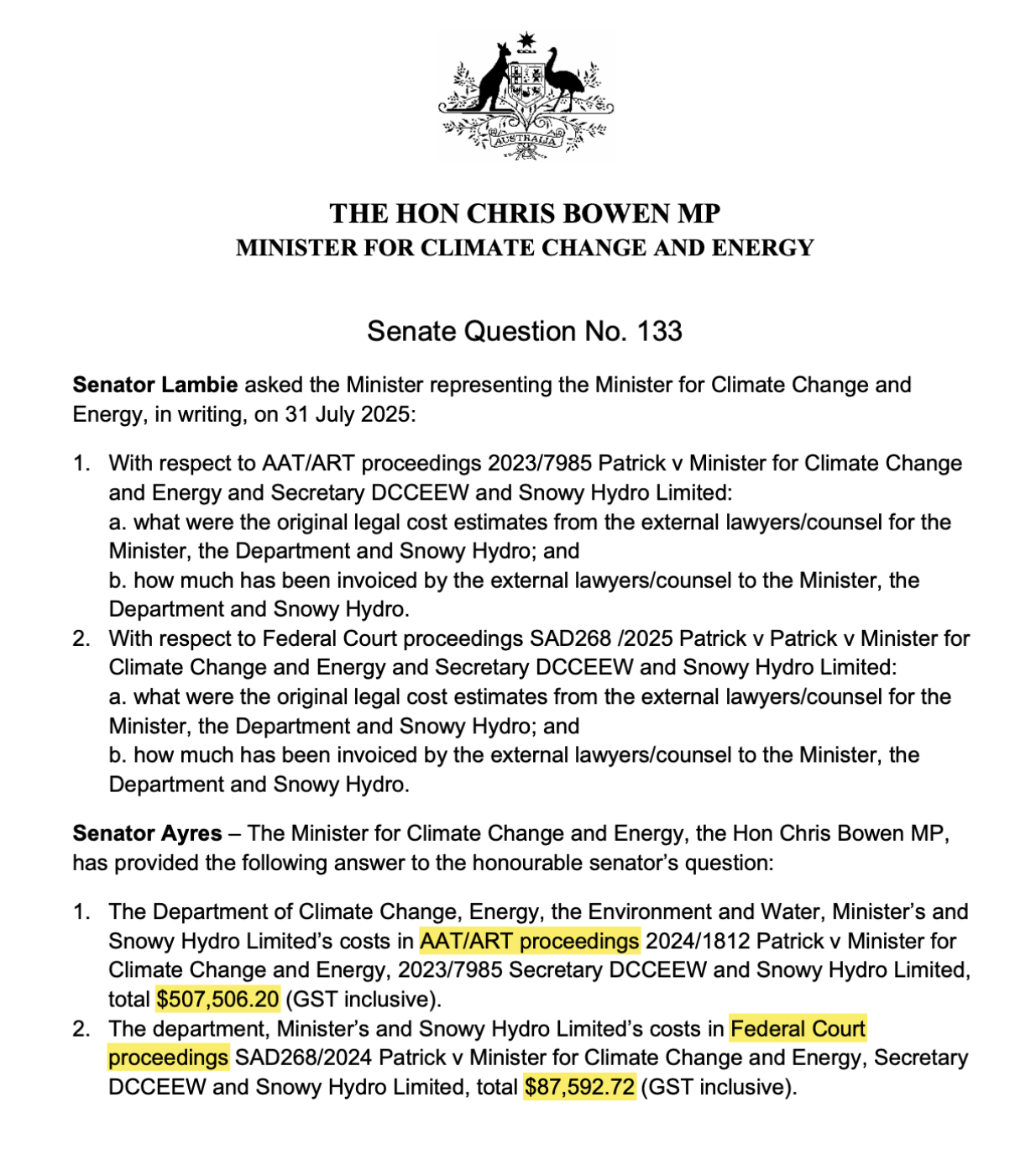 Legal Costs (Source: Senate Questions on Notice)