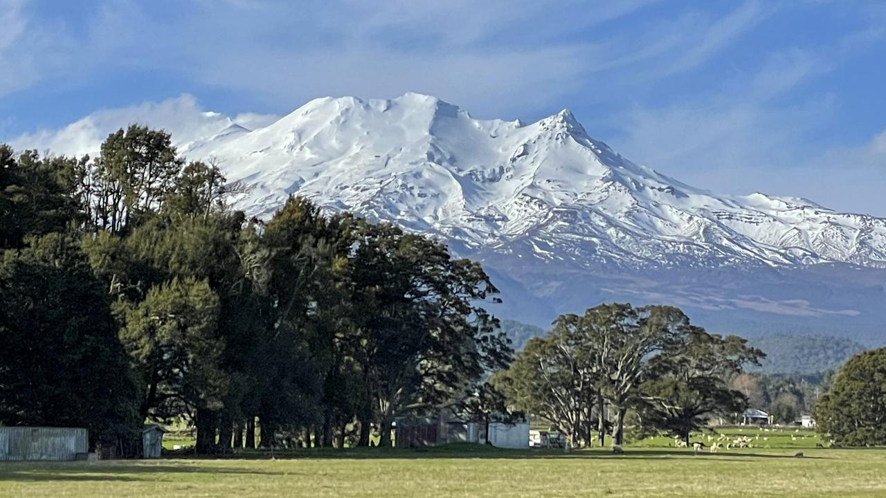 Snow covers the upper reaches of Mt. Ruapehu, an active volcano