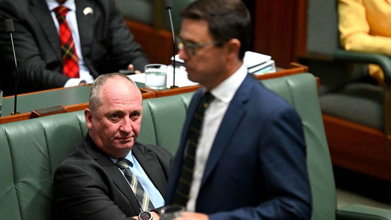 Barnaby Joyce looks on as Nationals leader David Littleproud passes