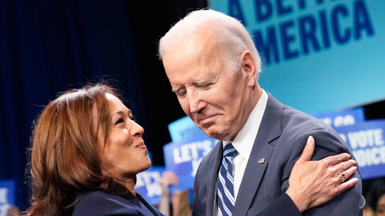 Former Vice President Kamala Harris hugs former President Joe Biden