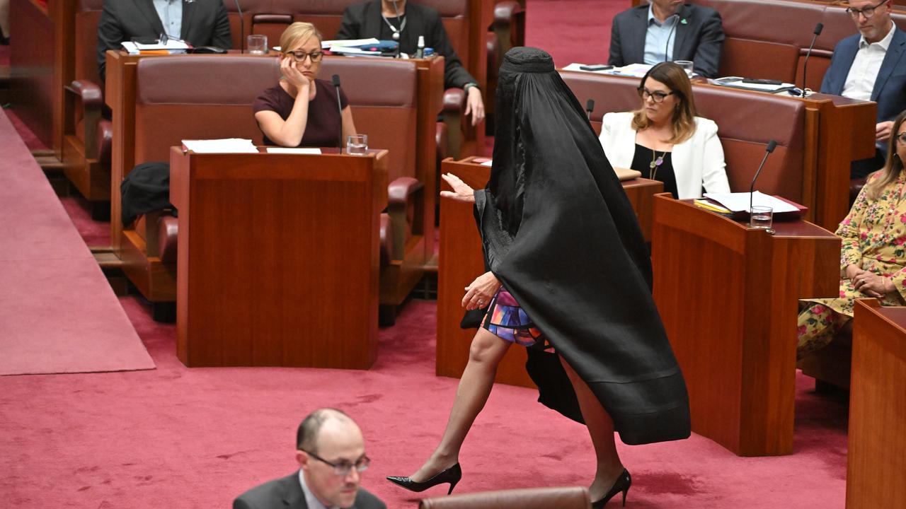 One Nation Leader Pauline Hanson wears a burqa in the Senate
