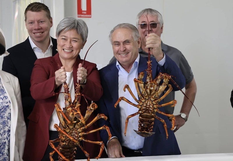 Foreign Affairs Minister Penny Wong and Trade Minister Don Farrell (holding lobsters). Image: Facebook