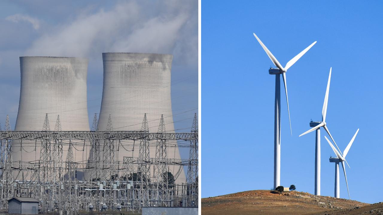 A coal-fired power station and wind turbines