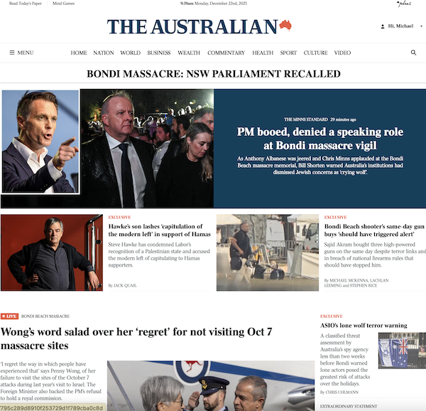 The Australian buries gun report (bottom right) in blamefest