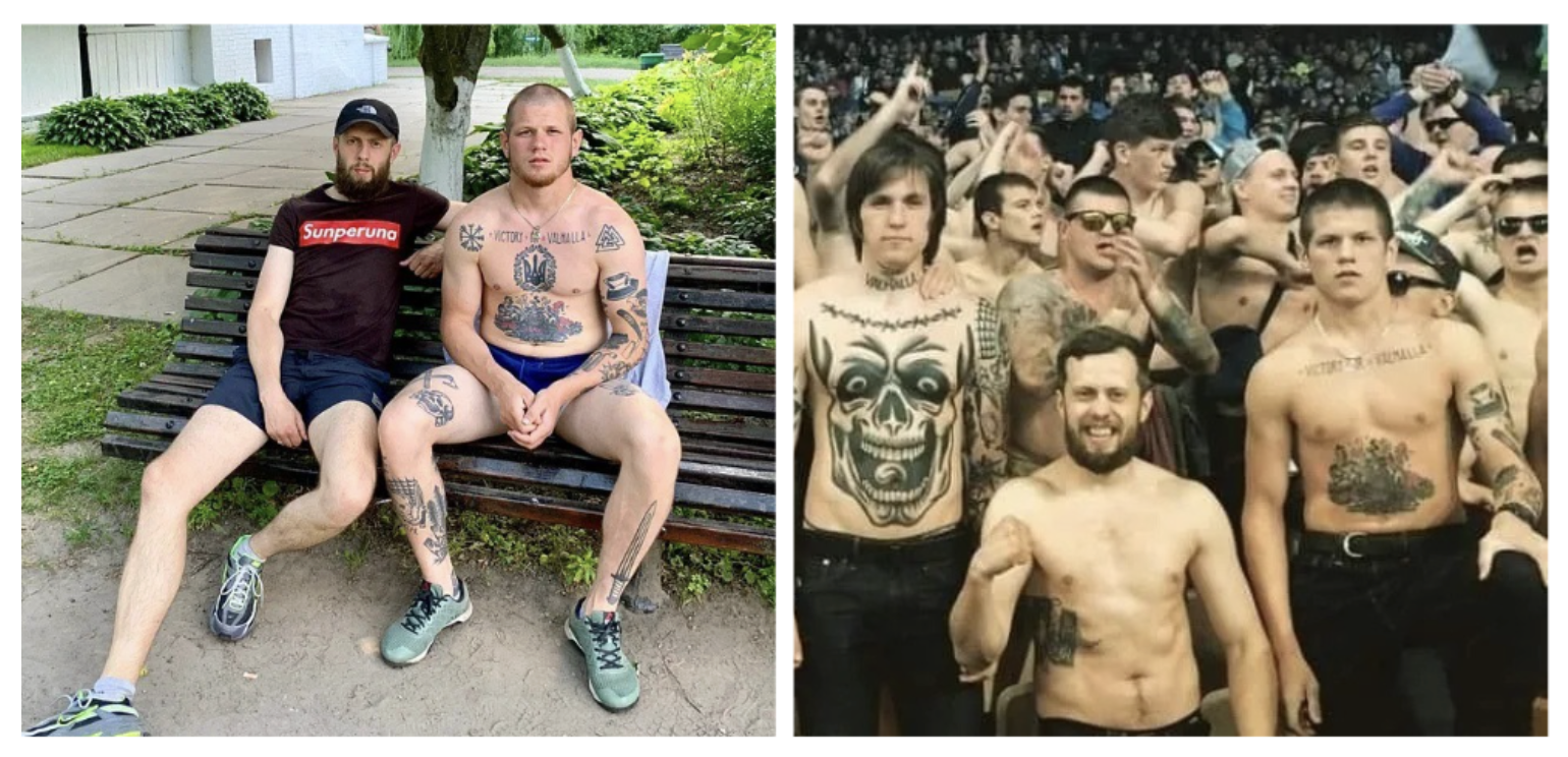 Neo Nazi Serhii Filimonov shirtless (left) with a Valknut and Totenkopf tattoo and with the 'White Boys Club' (right)