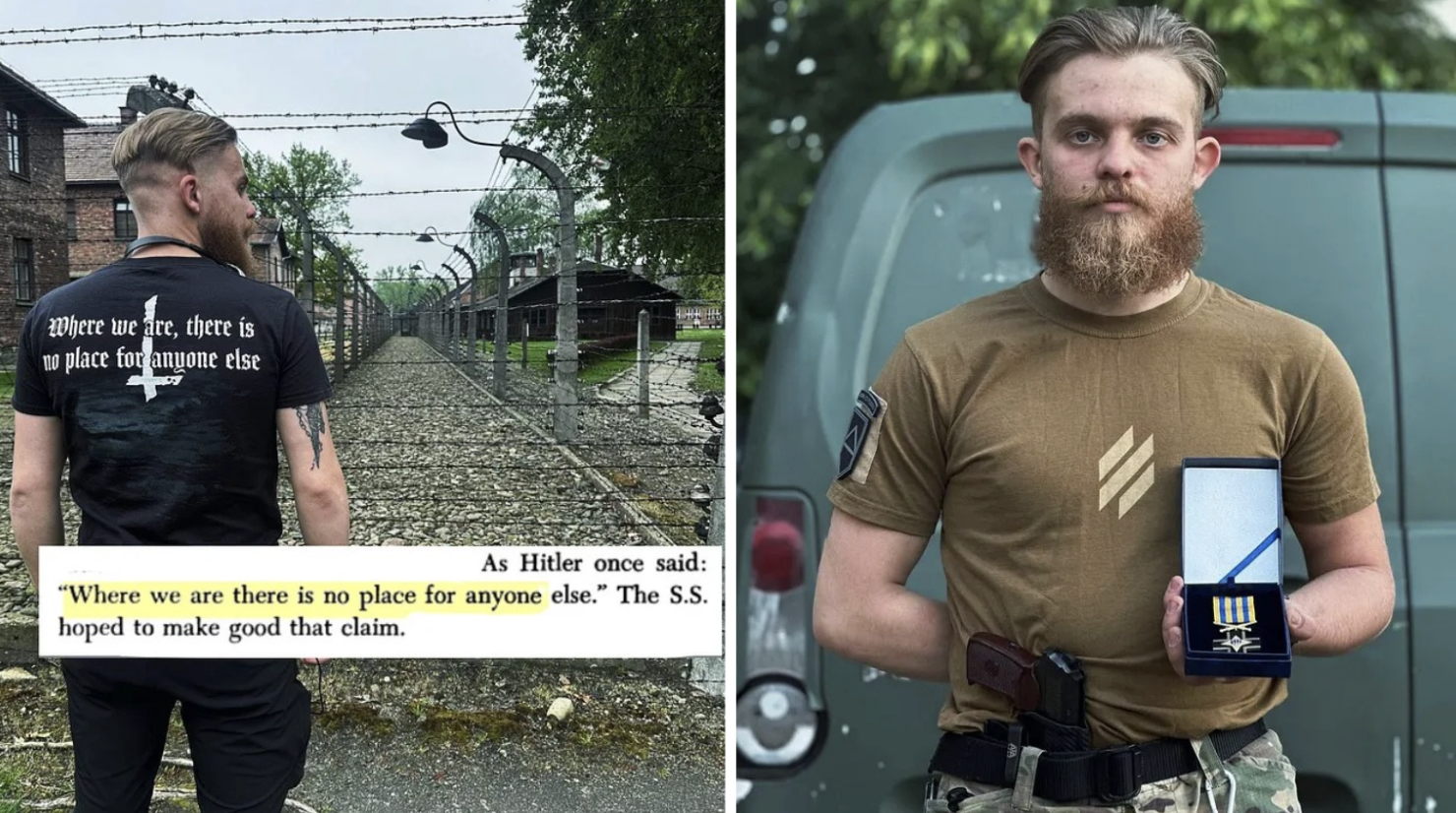 3rd Assault Brigade Soldier at Auschwitz wearing a shirt with Hitler quote and receiving a medal dressed in the brigade uniform