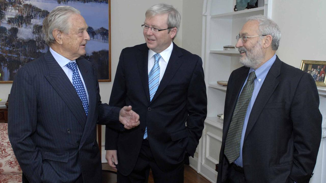 George Soros, Kevin Rudd and Joseph Stiglitz (file image)