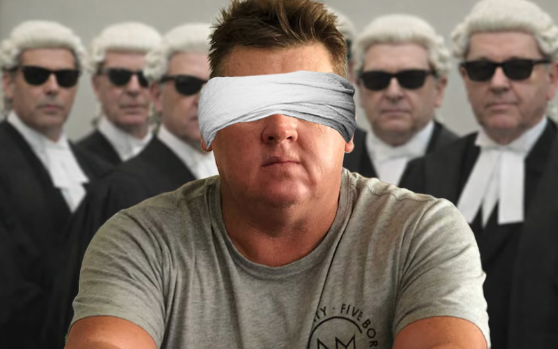 Gagged and blindfolded. Simon Turner v BHP. Image: Camillia Bradley