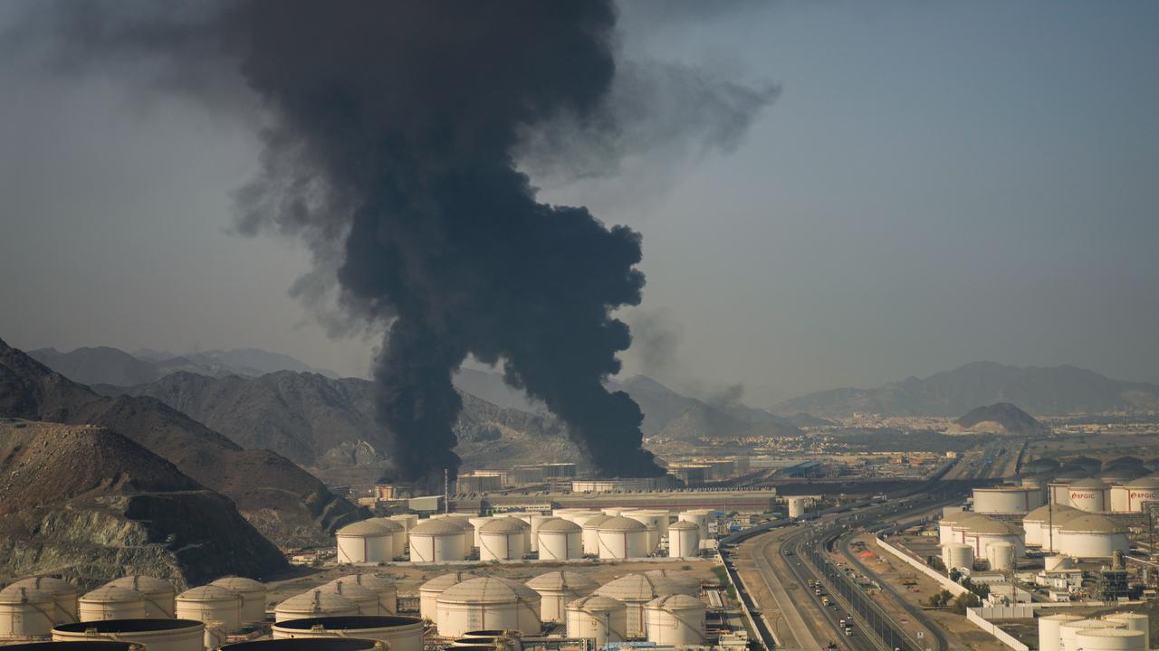 Fire and plumes of smoke rise from an oil facility in Fujairah