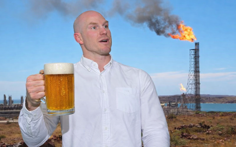 David Pocock with beer at gas facility