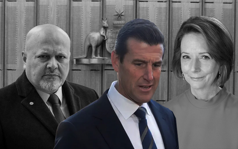 Ben Roberts-Smith flanked by Karim Khan and Julia Gillard. Image: Camillia Bradley