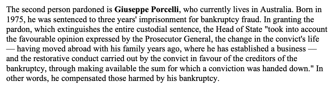 Pardoned. Source: Italian press, ANSA