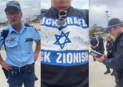 Police rush Bondi Beach, apprehend ‘F … Israel’ tee-shirt man … again
