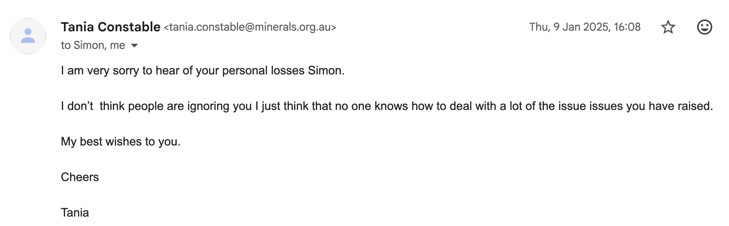 Tania Constable email to Simon Turner
