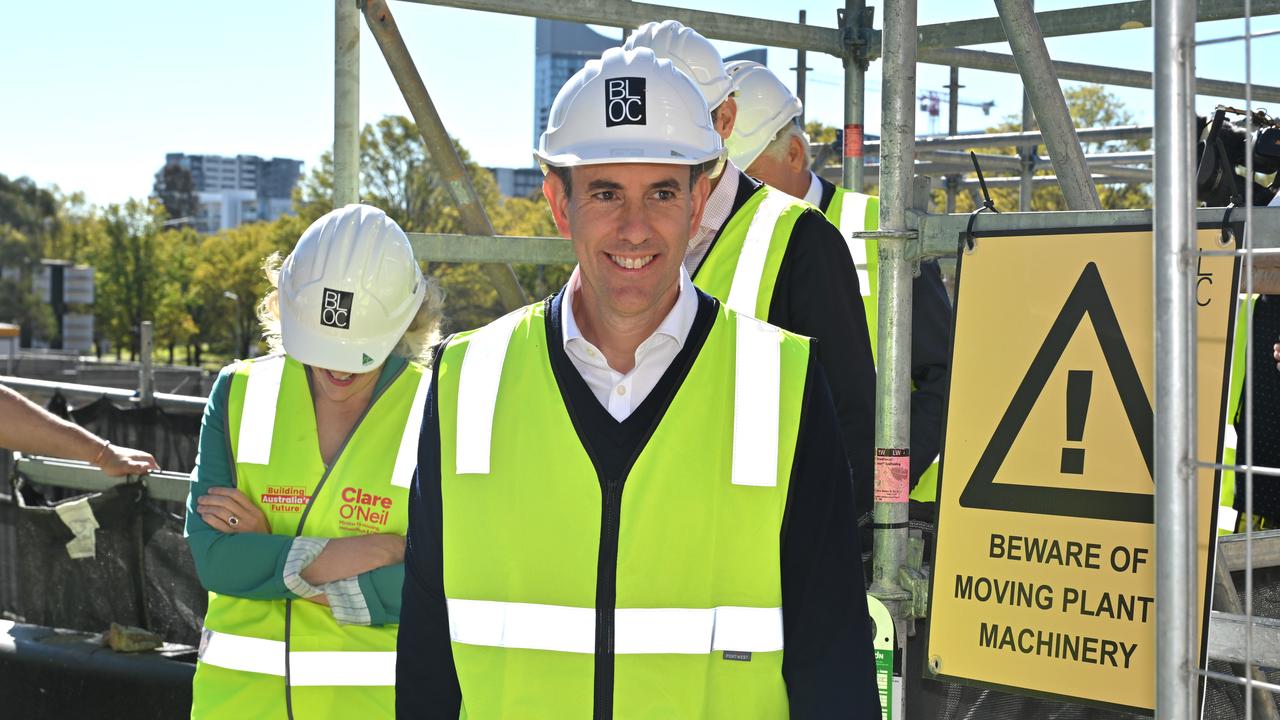 Treasurer Jim Chalmers visits a construction site in Canberra