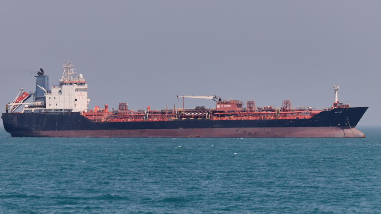 An oil tanker sits at anchor in the Strait of Hormuz