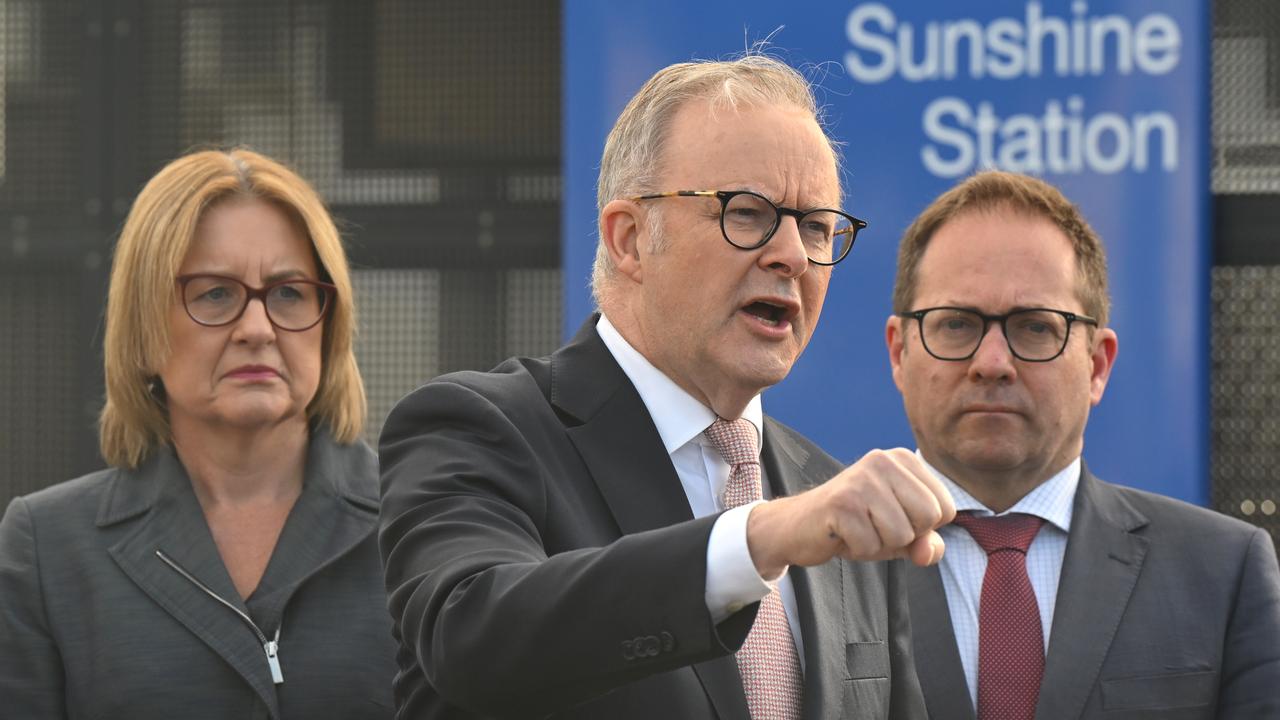 Jacinta Allan, Anthony Albanese and Daniel Mulino in Melbourne