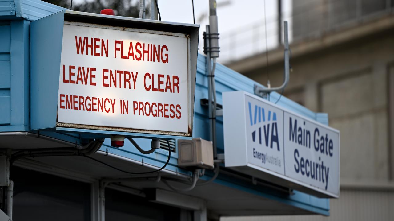 Signs at the Viva Energy Refinery in Corio