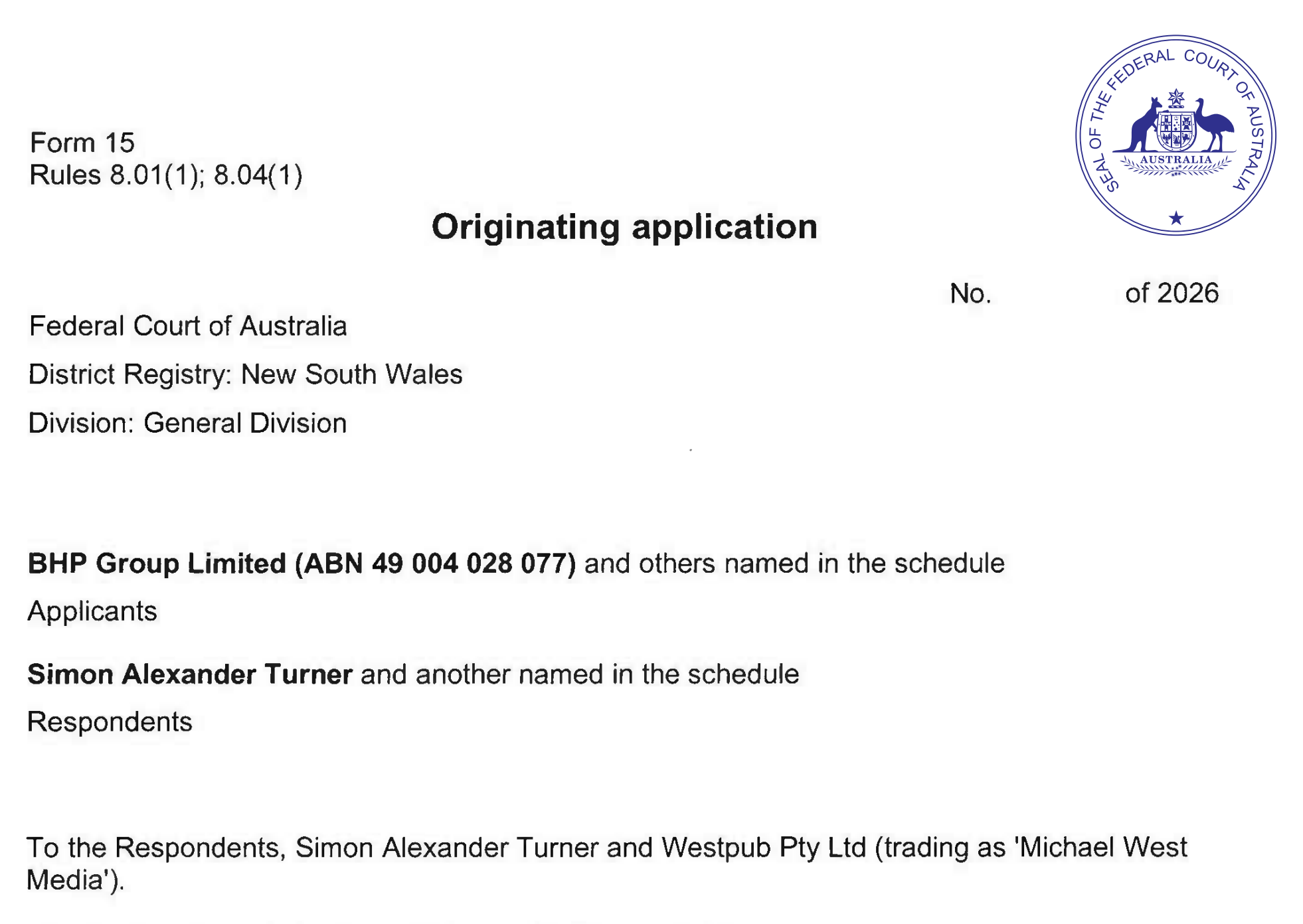 BHP's Originating Application in case against MW and Simon Turner