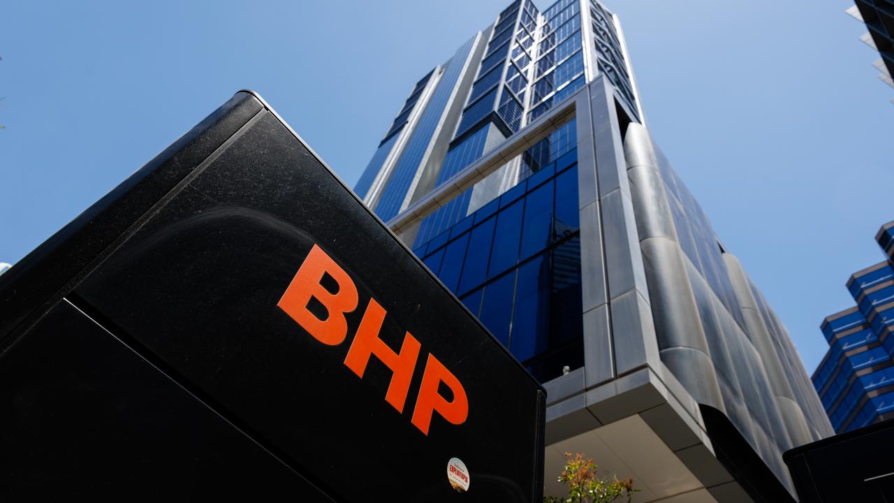 A general view of signage outside the BHP building in Perth