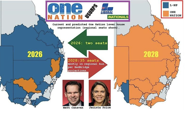 Kos Samaras and RedBridge say most of One Nation’s gains at the next election will come in regional Australia, at the L-NP’s expense. IMAGE: Andrew Gardiner (INSETS: APH.gov.au)