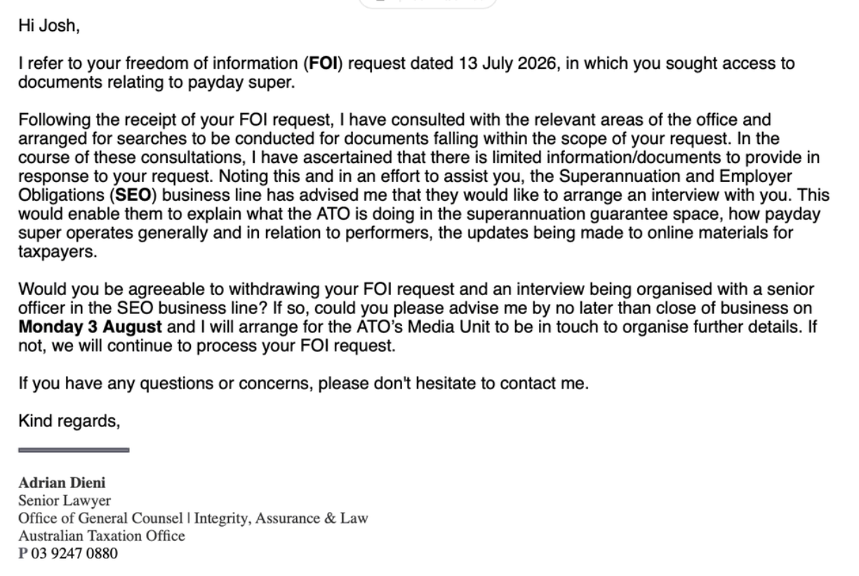 The ATO’s response to the FOI request, 29 July 2026.