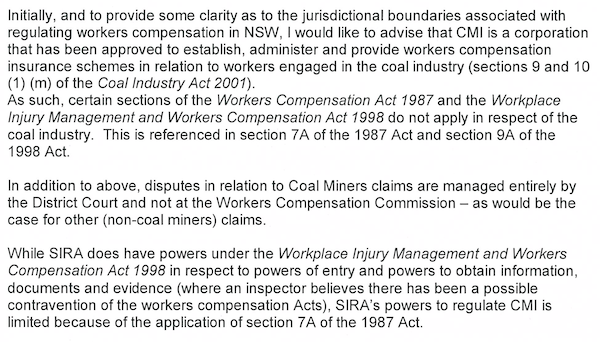 Letter from SIRA obtained by MWM