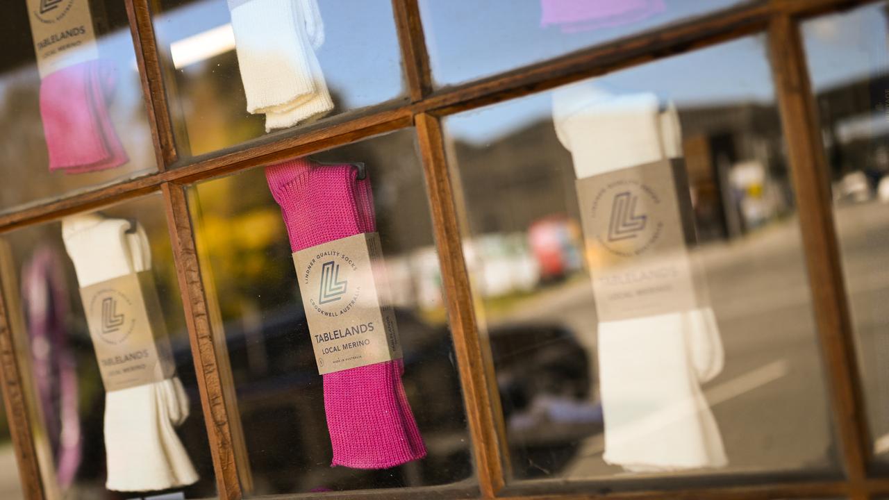 Socks displayed in the window at the Lindner Quality Socks factory