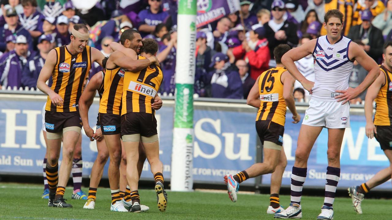 Hawthorn players celebrate after winning the 2013 AFL Grand Fina
