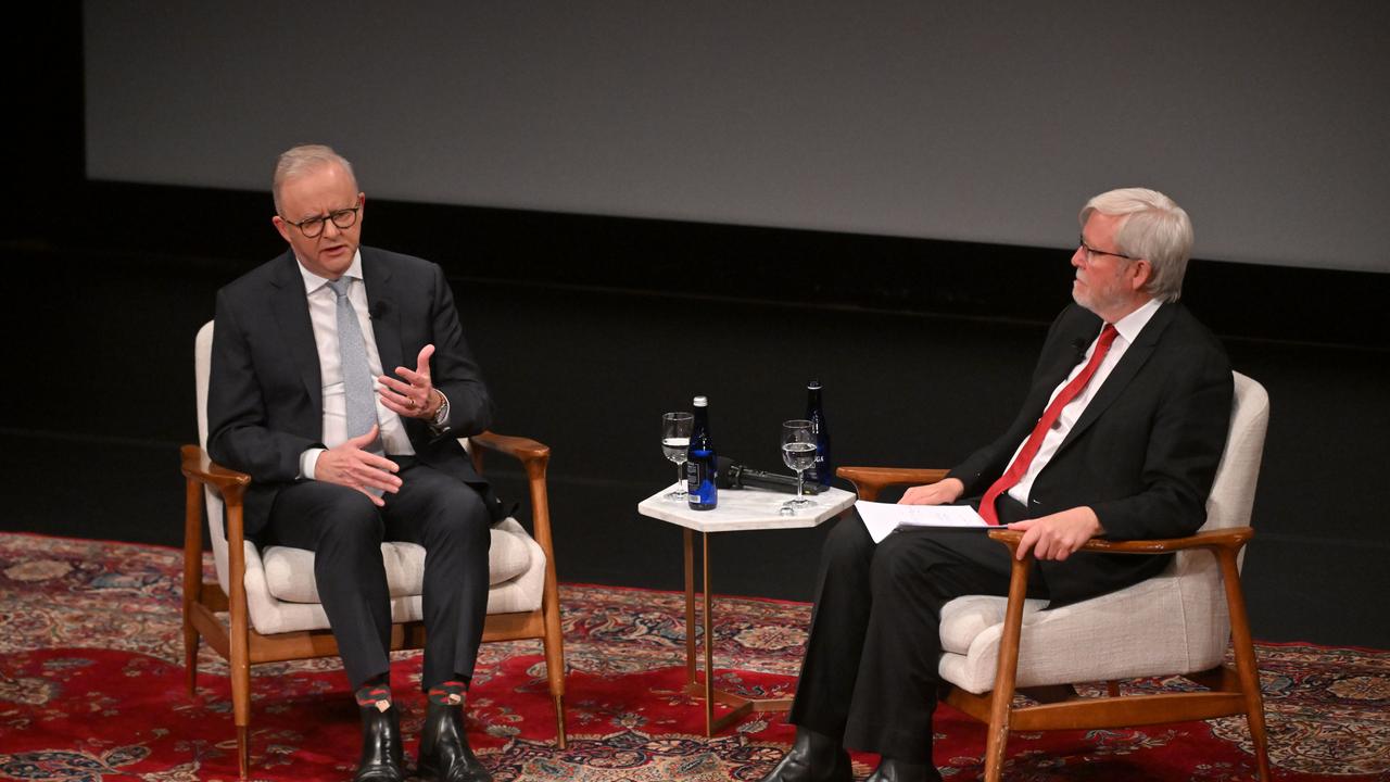 Anthony Albanese in conversation with ex-PM Kevin Rudd in New York