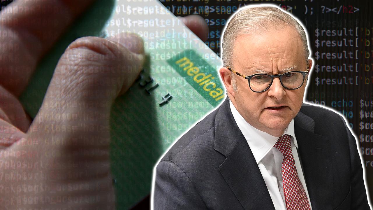 A Medicare card and Anthony Albanese