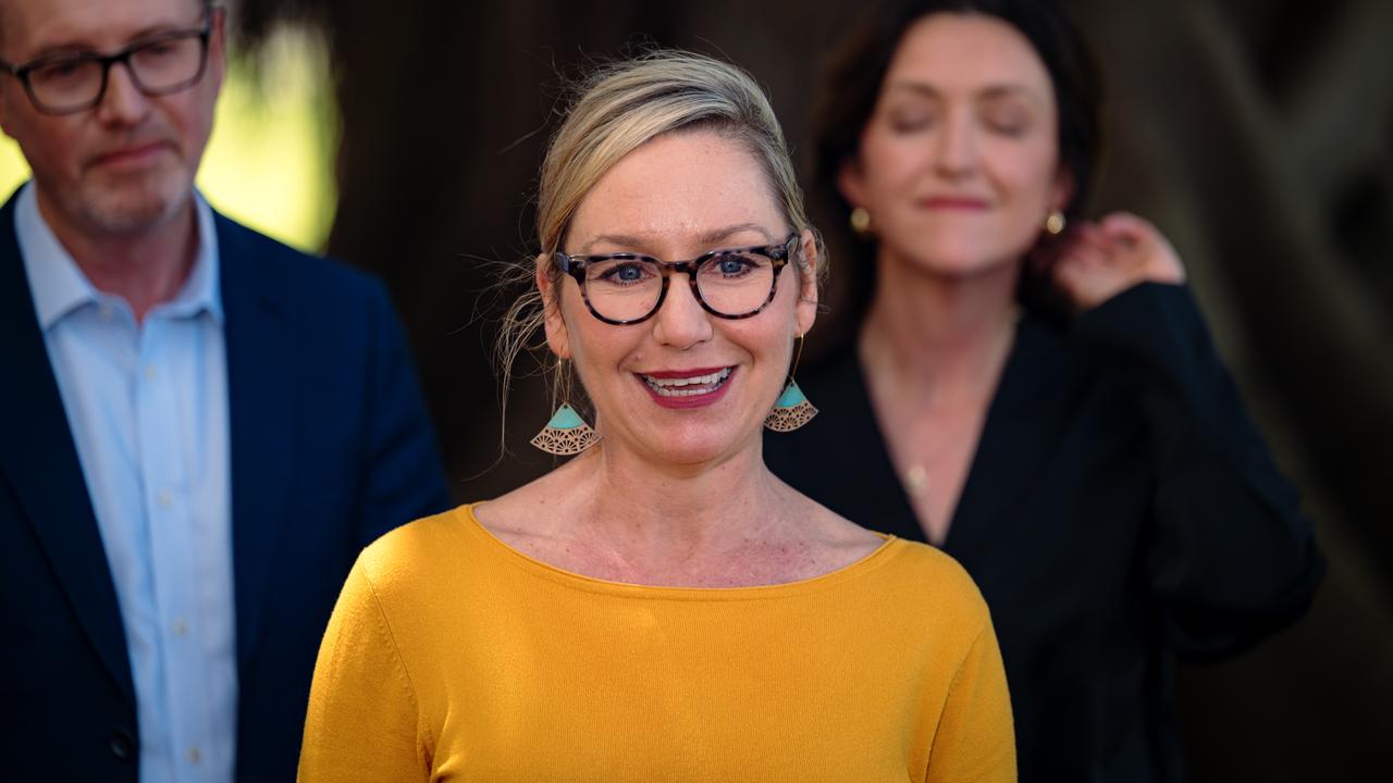 Former Greens leader Larissa Waters speaks to the media