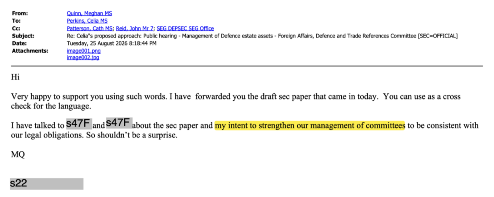 Secretary Quinn’s ‘manage committees’ email (Source: FOI)