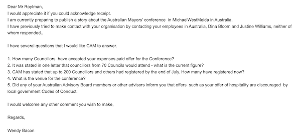 Questions sent by Wendy Bacon to Sacha Roytman prior to publication