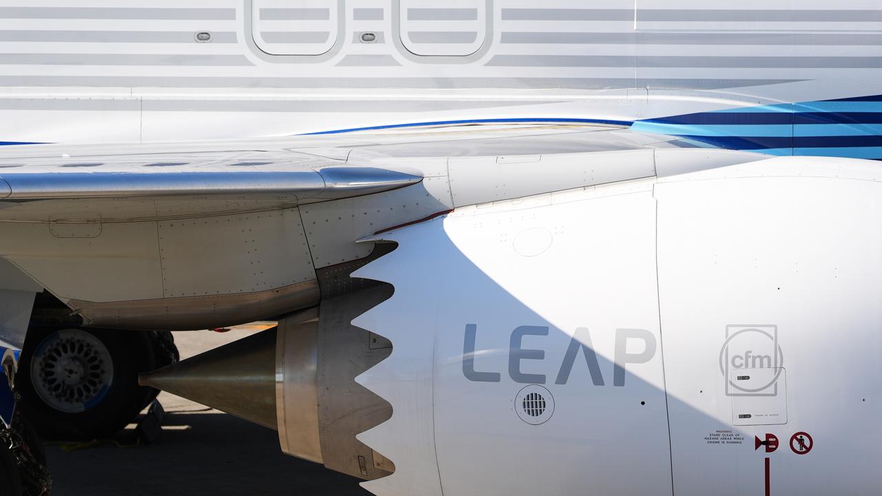 A detail of an engine on a Boeing 737 Max 10