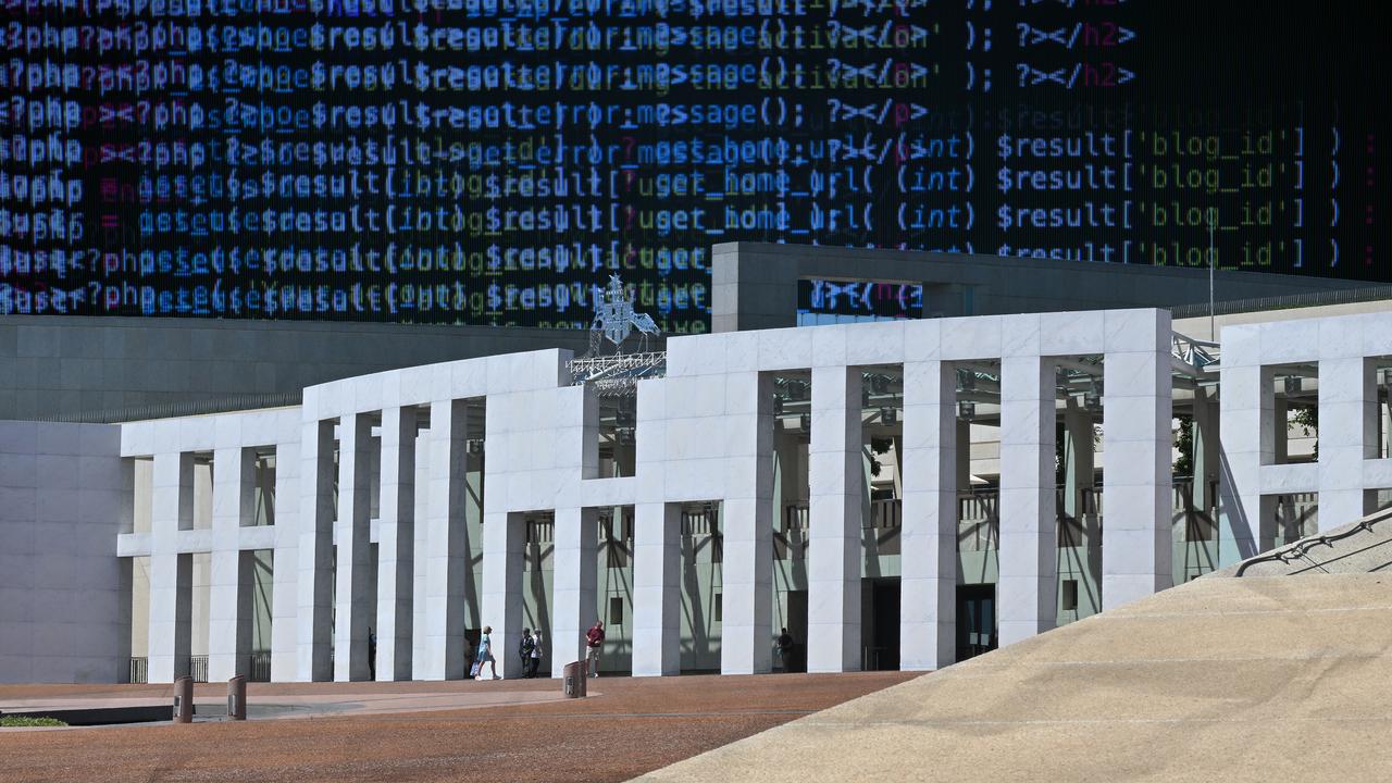 Composite image of Parliament House with computer code