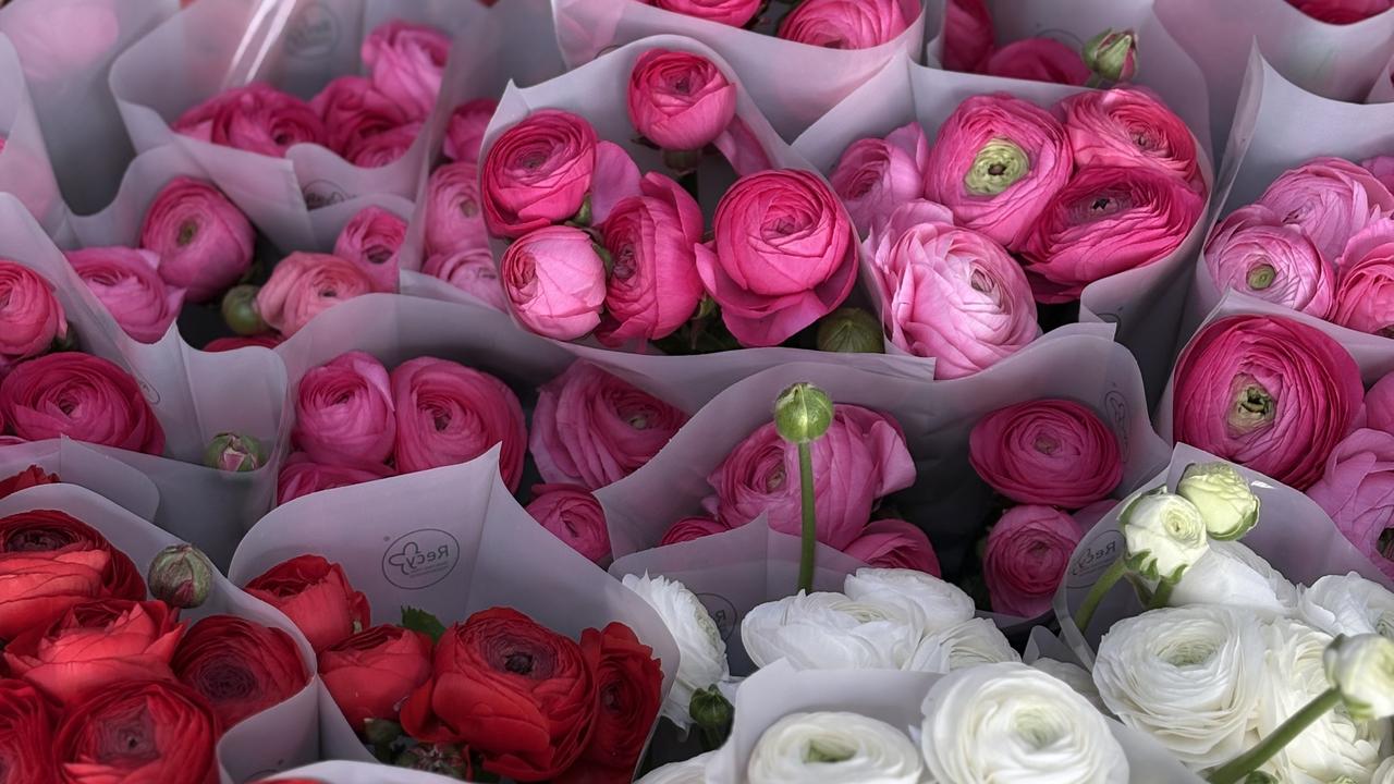 Bouquets of flowers wrapped in recycled plastic sleeves